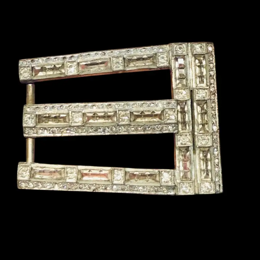 Antique Art Deco Baguette Paste Stone Pot Metal Belt Buckle 2.25”