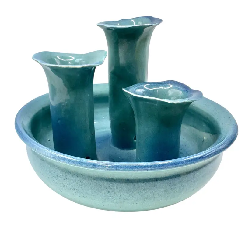 Signed R Walker Art Pottery Ikebana Flower Frog Bud Vase Blue 3 Hole Stem 4.75”