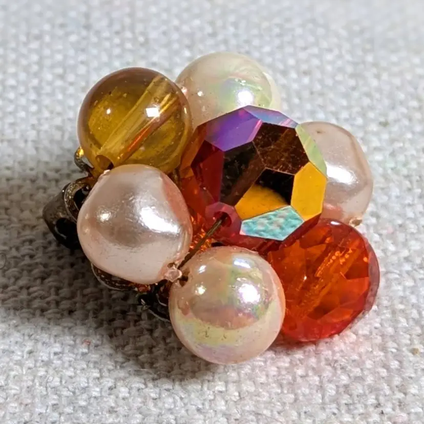 AB Beaded Cluster Bauble MCM Orange Clip On Earrings