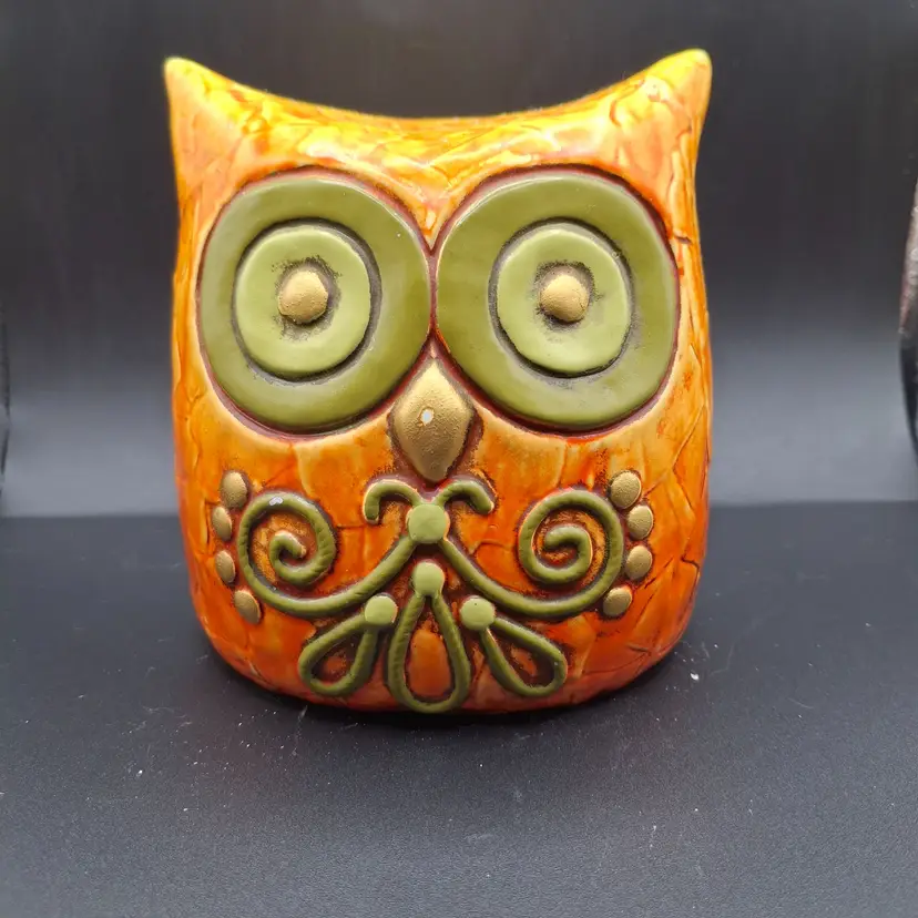 Vintage Ceramic Fitz & Floyd Owl Coin Bank Embossed Floral Orange-Green READ