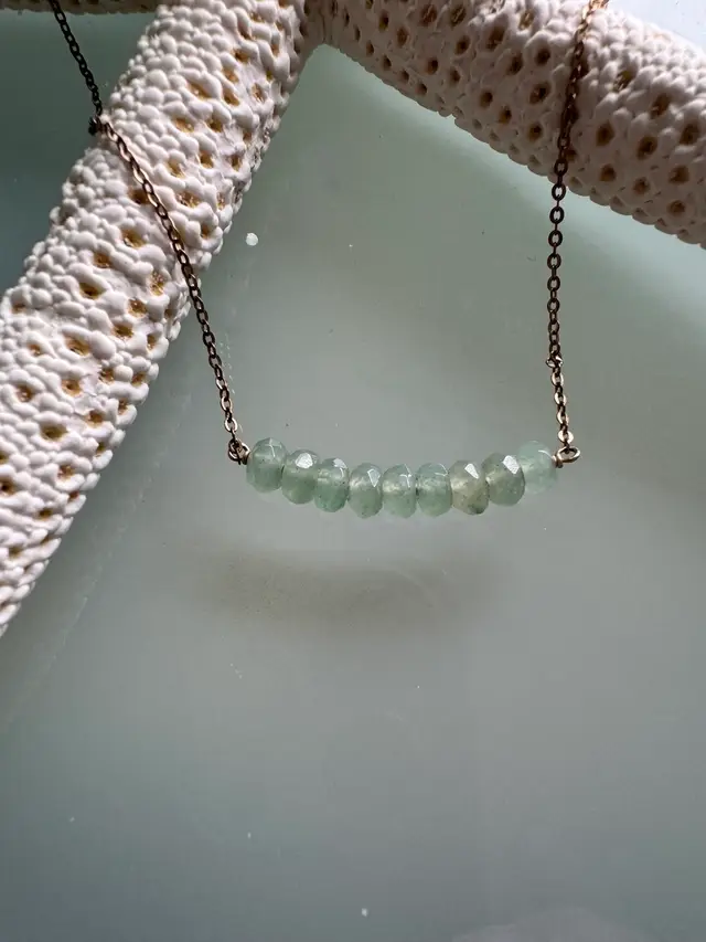 #51 Dainty Gold Filled Necklace With Center Bar Of Green Aventurine Gemstones Minimalist Style 16”