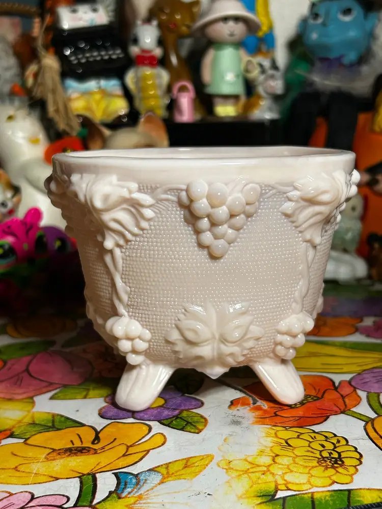 Vintage Jeanette Pink Milk Glass Bowl with Grapes