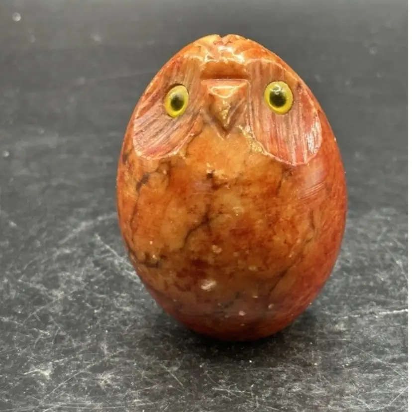 Stone Carved Owl Paperweight Vintage Glass Eyes 2” Tall x 1.5” Wide