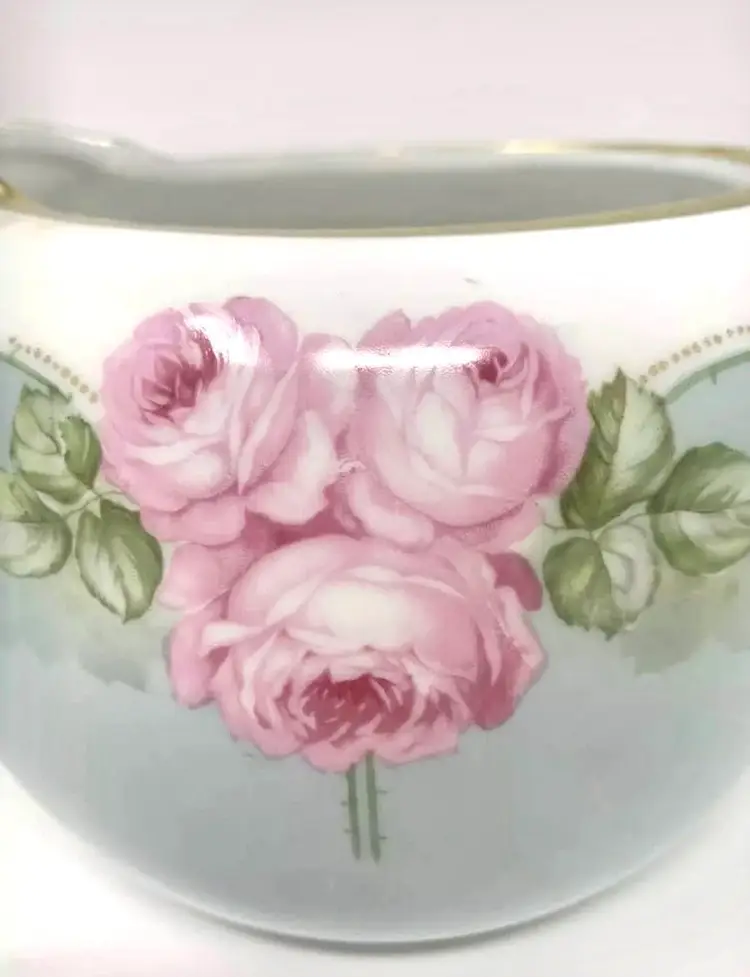 Antique R S Germany Reinhold Schlegelmilch Cider Pitcher Blue Pink Roses 5 1/2” Hand Painted