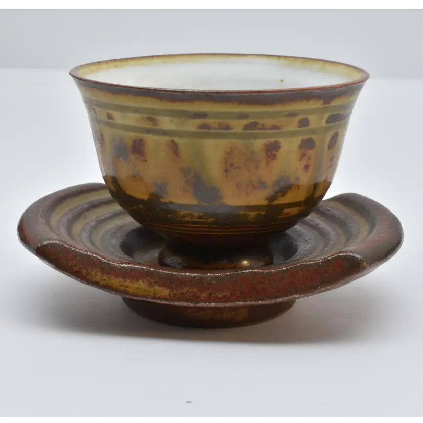 Redware Sake / Tea cups with Saucers, Brown, Yellow, Red