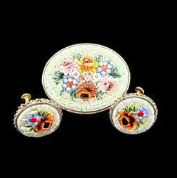 Colorful Micro Mosaic Set Brooch And Earrings 2" Marked Italy On Earrings