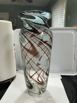 Burton & Burton Hand Blown clear brown white blue swirls Glass Vases 12"