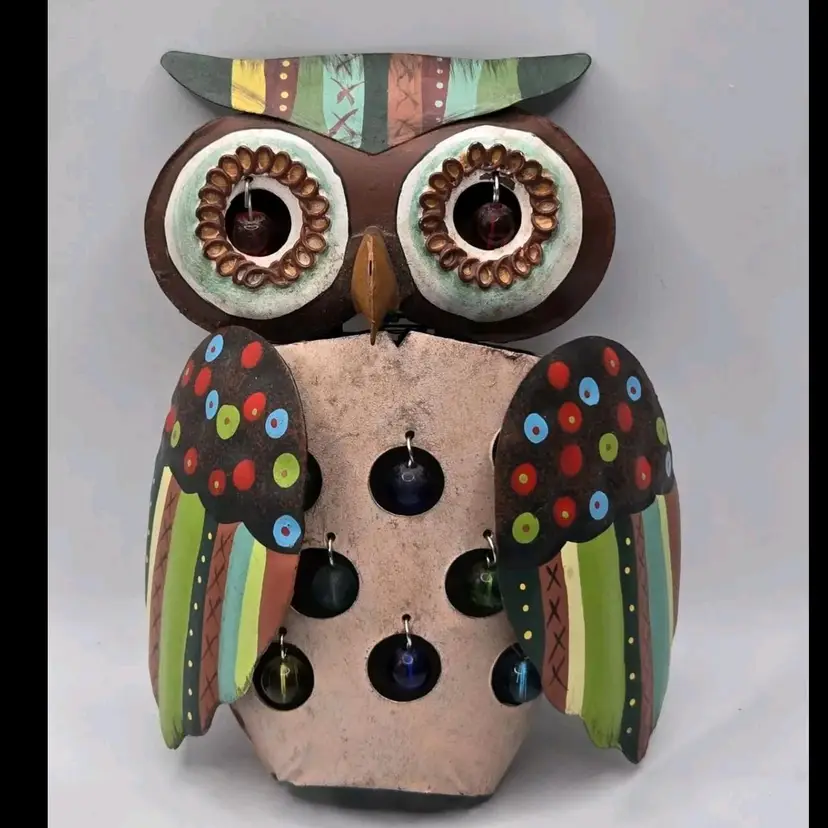 Vintage Colorful Unique Handpainted Metal Sculpted Owl • Reflective Gems • 6.5"H