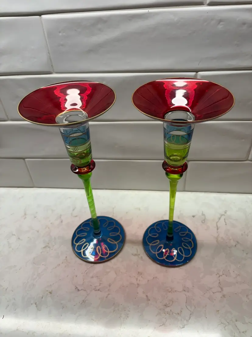 Vintage Pair Of Pier 1 Multicolor Mouth Blown 10” Party Taper Candle Holders