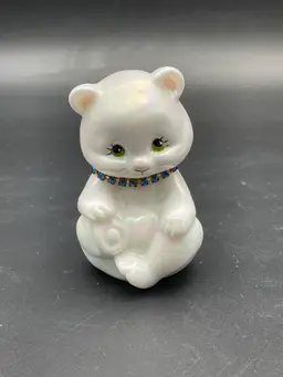 Fenton Glass White Opalescent Teddy Bear Figurine Birthstone Blue Topaz