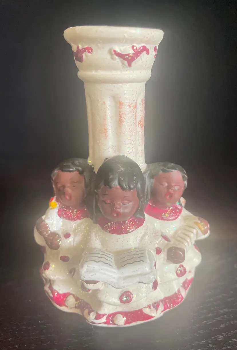Candlestick Holder.  Precious  Little Choir Angels. Hand Painted Ceramic. Signed