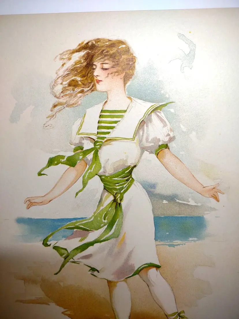 Victorian Art Print Beach Bathing Suit Girl Maud Stumm Litho Art 1908 Original