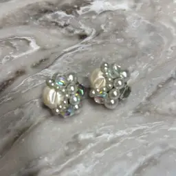 Pearl And Crystal Bead Cluster Clip Earrings Marked Japan