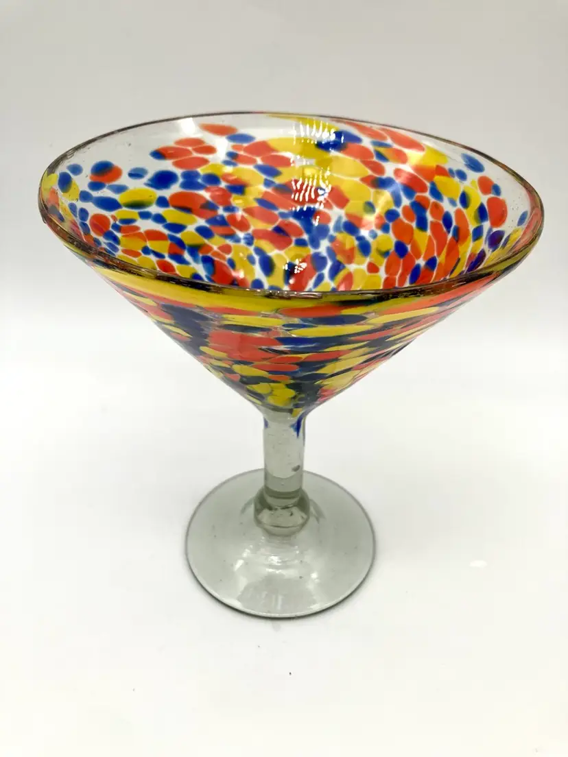 BIN - Colorful Hand Blown Mexican Margarita Martini Glass Confetti Orange, Yellow, Blue 6.5”