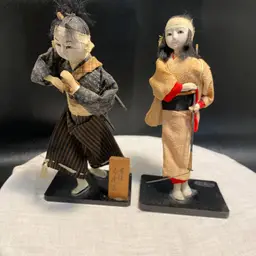 Pair of Vintage 1950's Sumurai and Peasant Girl Japanese Dolls