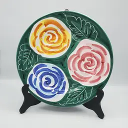 Vintage Pier1 Deruta Blue Pink Yellow Flowers On Green Round Platter, Hand Painted Italy