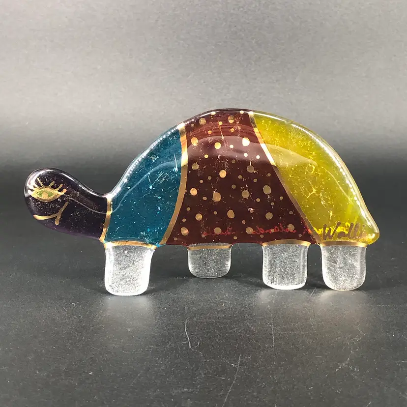 Vintage Sandy Wallin Signed Fused Art Glass With Gold Trim Turtle