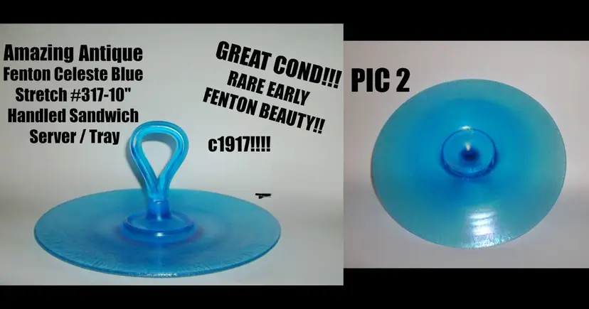 Antique Fenton Celeste Blue Stretch Glass Center Handle Tidbit Tray, Over 100 Yrs Old!