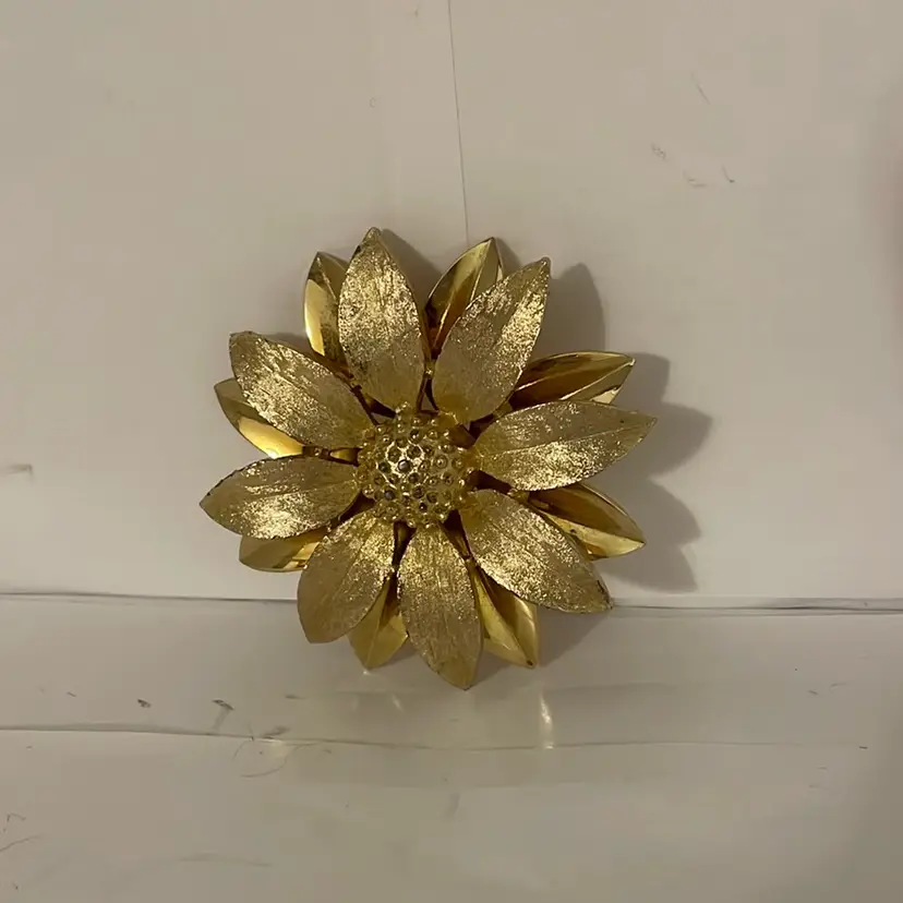 #517 Gold Double Layer Sunflower Marked SARAH CO Brooch