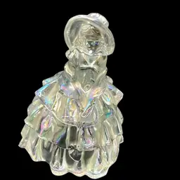 Vintage 1970’s Iridescent Clear/white carnival glass colonial lady figurine 5” by Wheatonware. Made In Millville, New Jersey