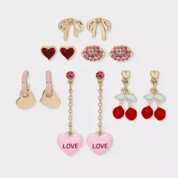 A New Day 6 Pair Heart Cherry Love Stud & Drop Earrings Set Gold Tone NWT
