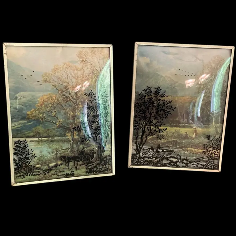 Vintage Pair Reverse Painted Silhouettes On Convex Glass