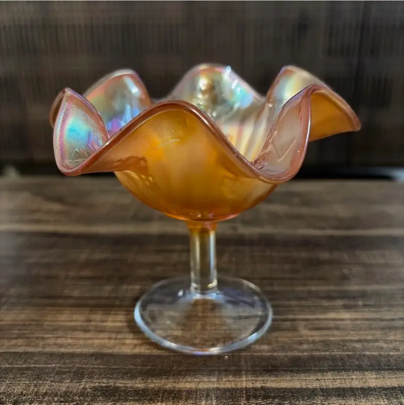 Fenton Marigold Carnival Glass Footed Compote Dish Ruffled Floral