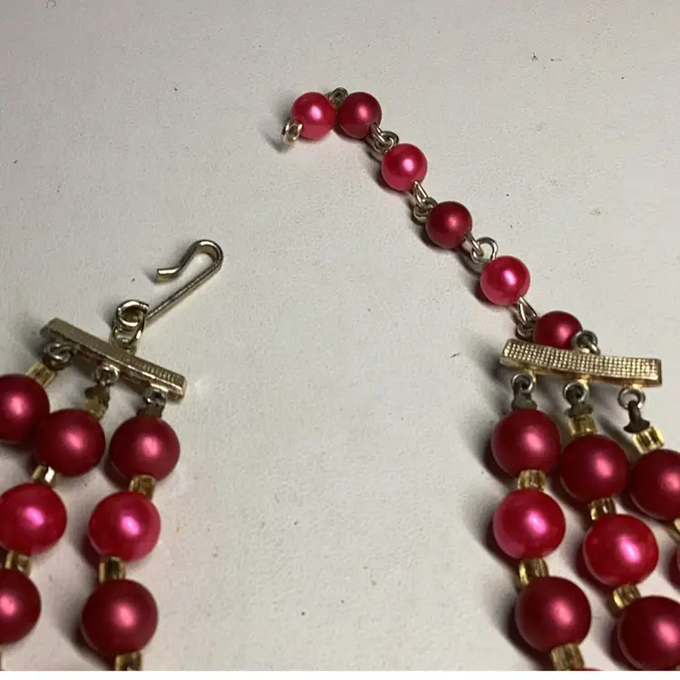 Pink 3 Strand Necklace 16” Vintage Beads Show Some Wear