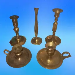 VTG 5 Piece Brass Lot 4 Candle Holders 1 Vase Ralph Lauren Style Christmas Decor