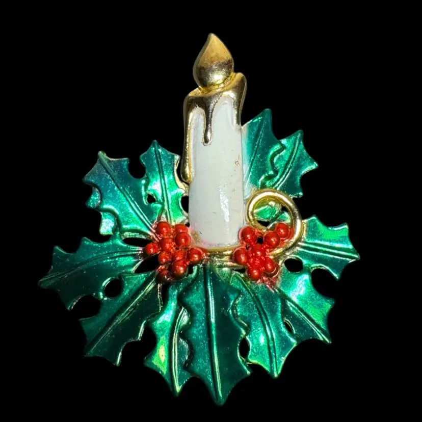 Christmas Holiday Candle 2” Brooch Pin Gold Tone Holiday Jewelry