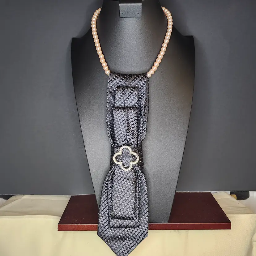 Upcycled  Pearl Elegance Tie Necklace with Brooch and Necklace