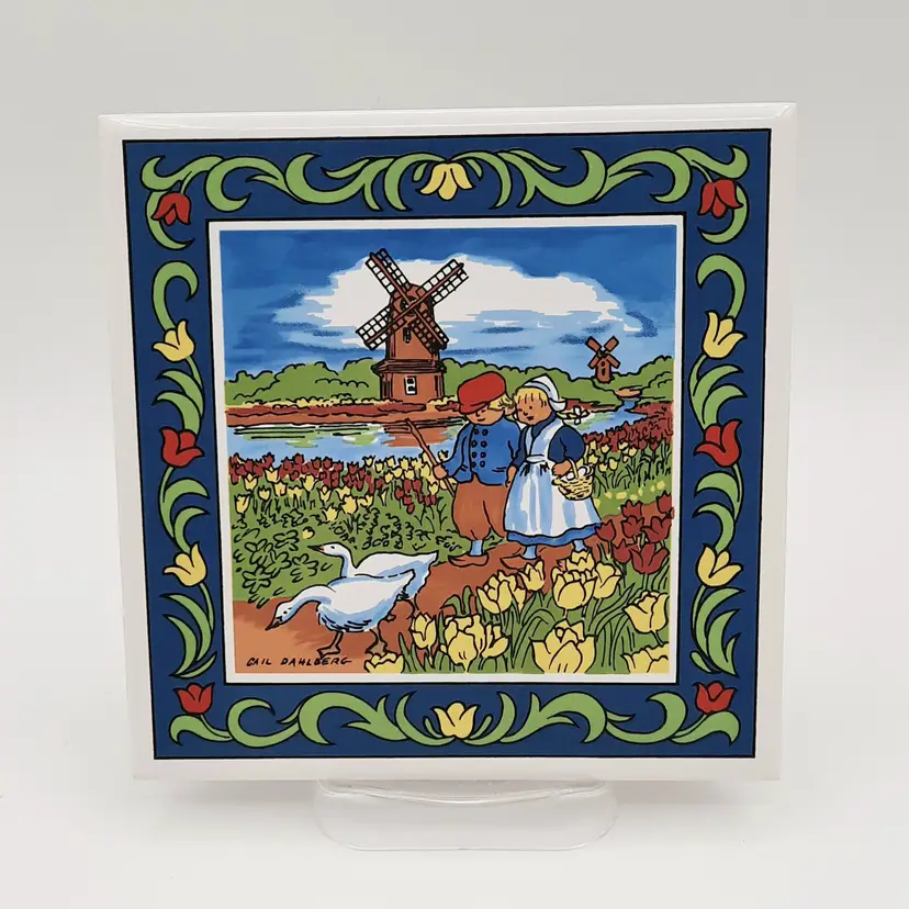 Dutch Tile Windmill Tulips Boy & Girl Geese by Gail Dahlberg Wall Decor Trivet
