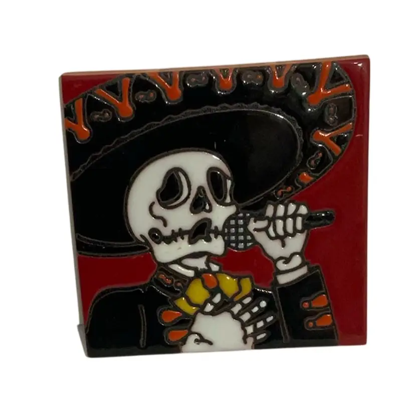 18   Hand Crafted Carved Talavera Mexican Tile Mosaic Day of the Dead Catrina Singer Wearing Mariachi Black And Sombrero And Uniform With Red And Light Tan Yellow Bow 4.5” By 4.5” Red Clay