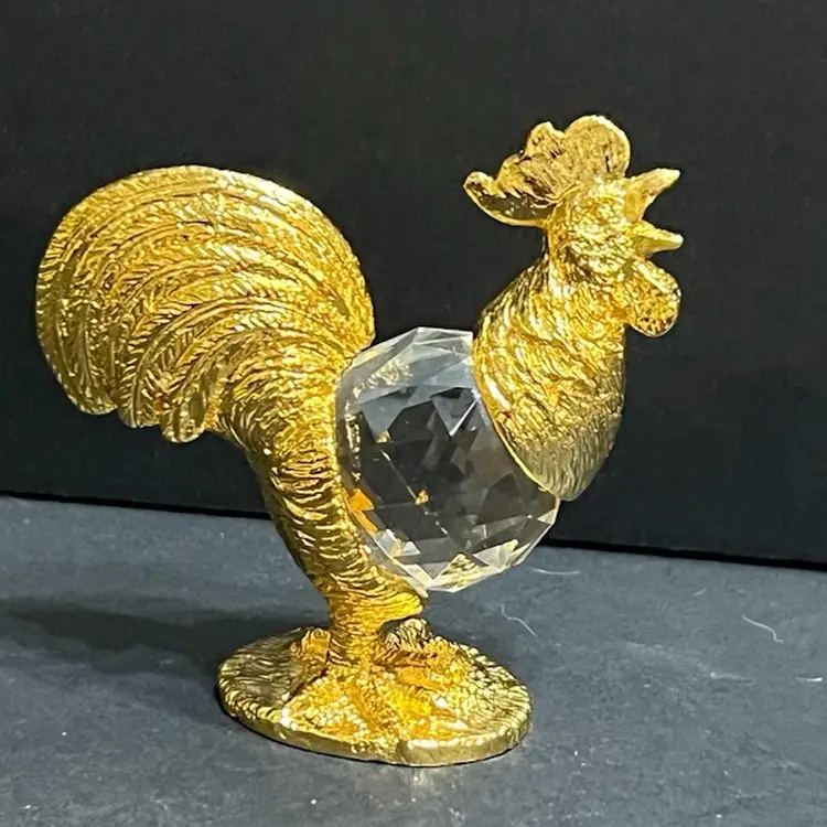 Crystal & Goldtone Metal Miniature Rooster Figurine ~2.75” x 2.75” x 1.25”