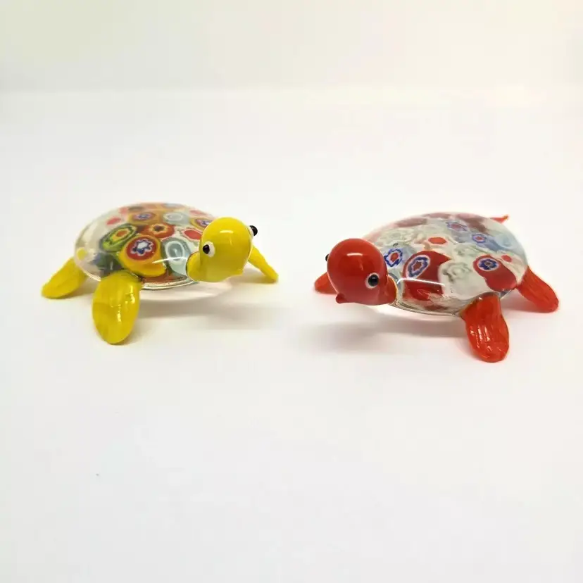 1 Pair Global Village Millefiori Glass Turtle Figurines Red/Yellow, Made in China