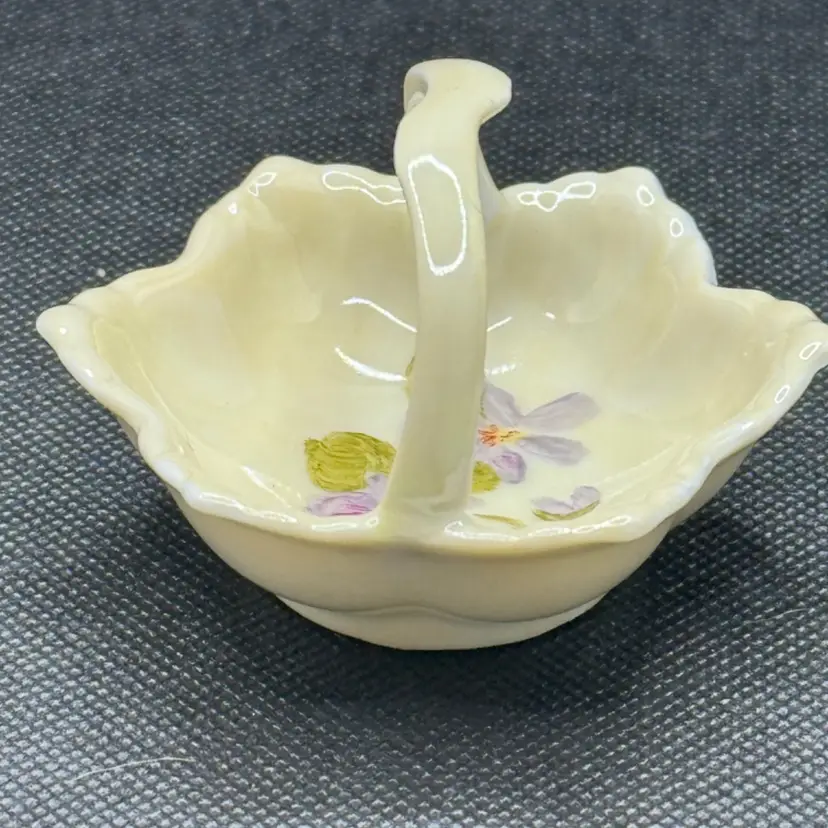 Vintage Floral Flowers Miniature Trinket Dish Basket, Hand Painted, Signed JP, Unbranded