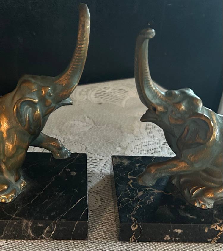 Bronze And Marble Elephant Bookends