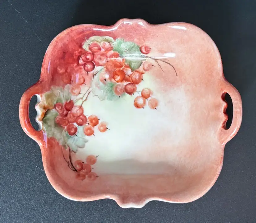 Vintage Hand Painted Red Berries Porcelain Trinket Dish w Handles Cottagecore