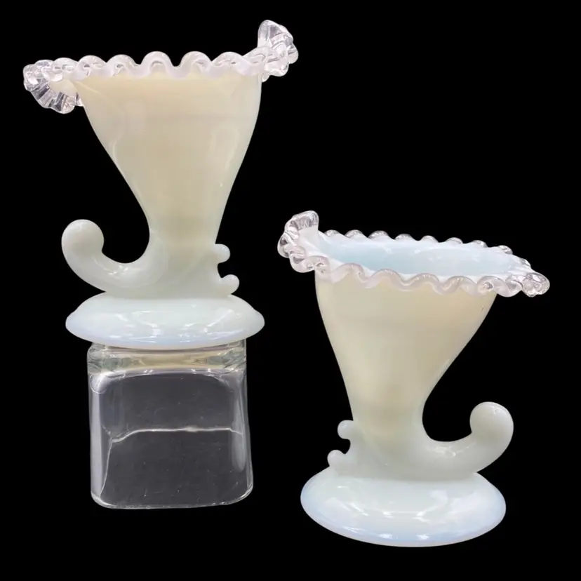 Pair - Vintage Fenton Milk Glass Silver Crest Cornucopia Candlestick Holders, MINT