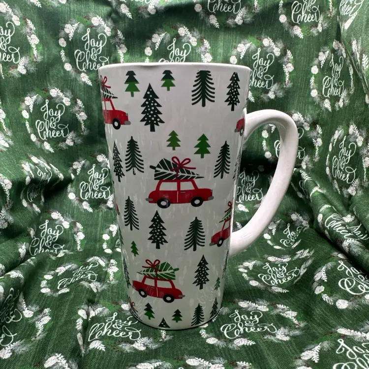 SCM Home Red Car Christmas Trees Stoneware Tall Holiday Mug New