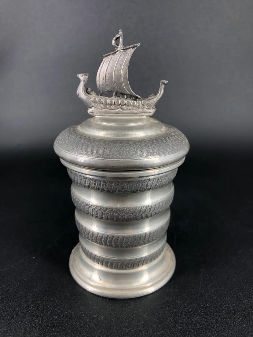 Vintage Norwegian Viking Ship Pewter Jar with Lid Tobacco Jar