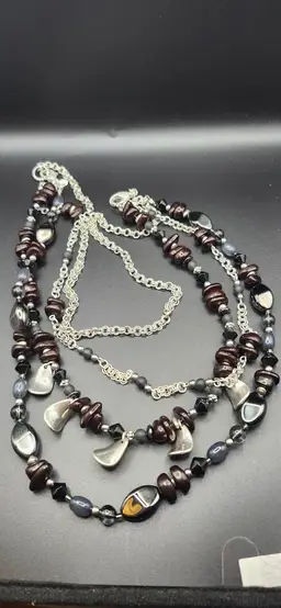 #01 Layered Silver & Wood Bead Necklace - NOS