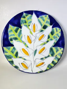 Signed Talavera Pottery Mexico Round Plate Handpainted Calla Lillies 11.5”