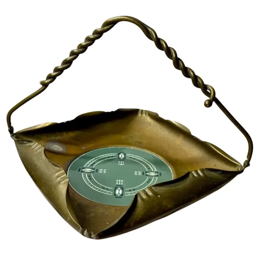 Antique Brass Handled Ashtray With Villeroy & Boch Art Nouveau Porcelain Insert