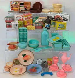 Vintage Dollhouse Miniatures Food & Kitchen Accessories Pots & Pans, Tea set, Plates 1960-1980s Mixed Lot 61pc collectible littles minis