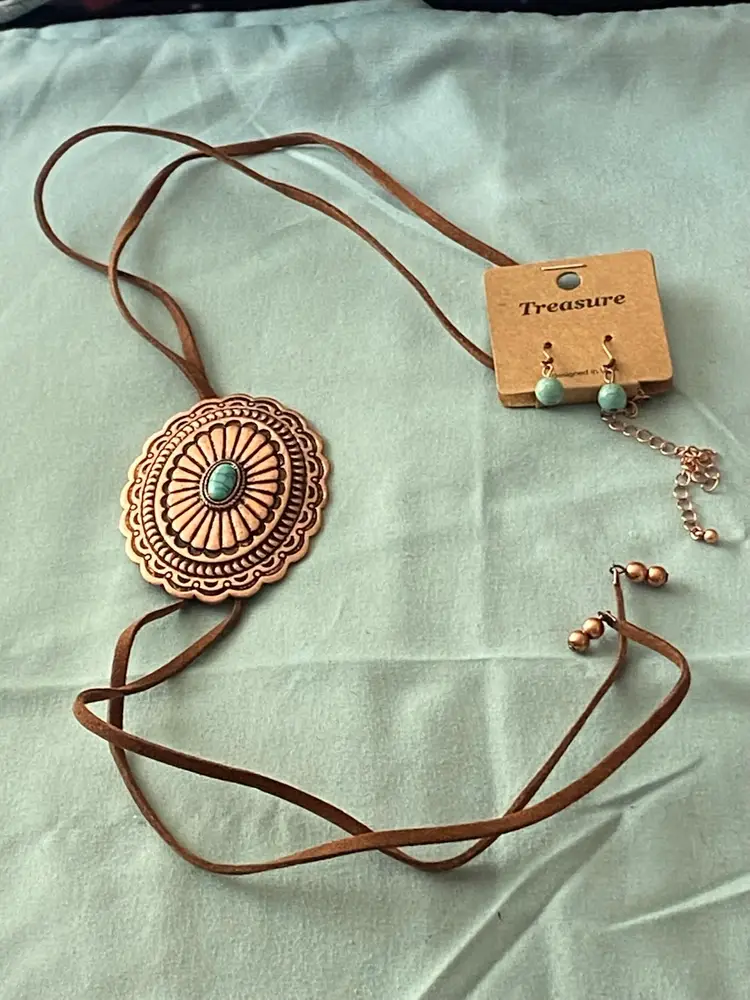 Treasure Necklace & Earrings Set Copper Pendant Turquoise Stone Brown Suede Cord