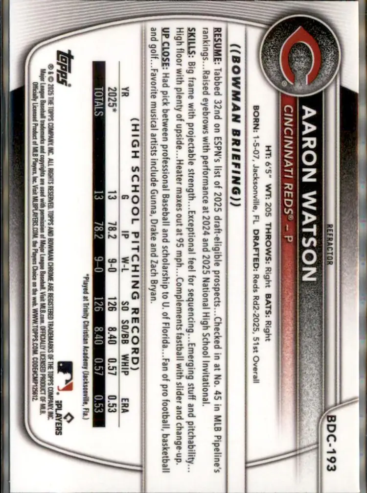 2025 Bowman Draft #BDC-193 Aaron Watson Chrome Refractor - (138) - Cincinnati Reds