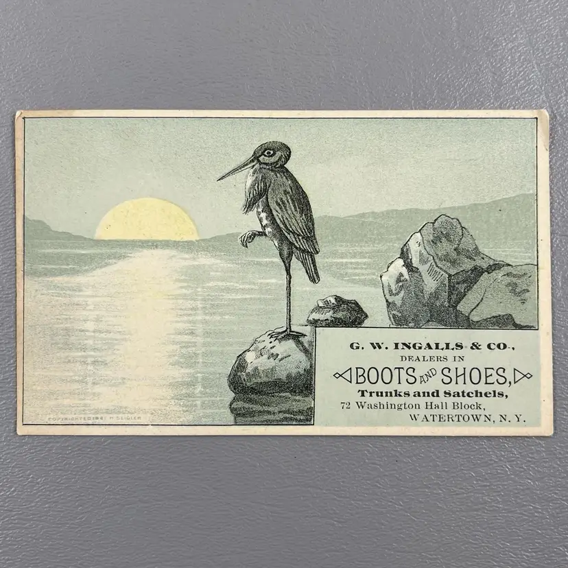 Victorian Trade Card Heron Stork Sunset Bird Lake Boots Shoes Watertown NY GW Ingalls & Co