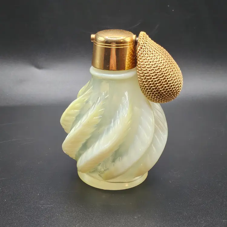 #01 - Antique 1923 DeVilbiss Primrose Yellow Opalescent Art Glass Blown Glass Handmade Perfume Bottle Squat Perfumizer With Silk Netted Atomizer, 22kt Gold Plated Accents, 365nm UV Reactive Glow, & All Original Parts