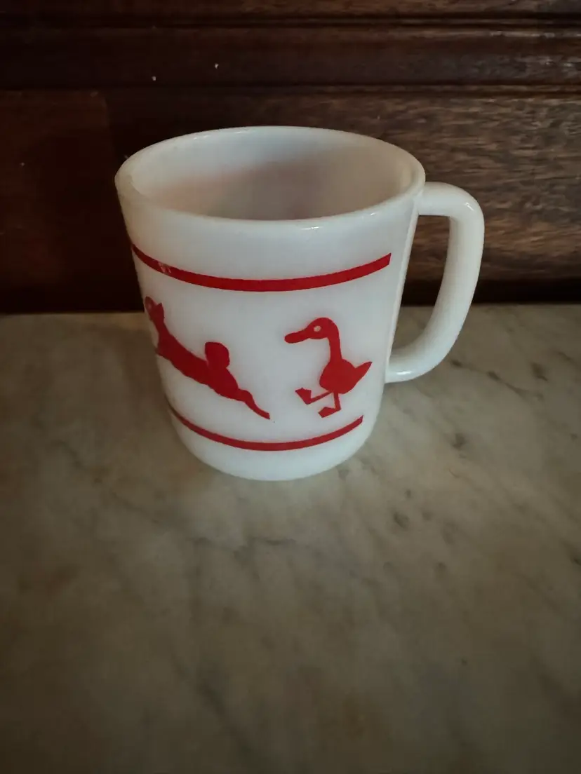 Vintage Farm Animals Milk Glass Duck Lamb Pig Rooster RED Hazel Atlas Childs Mug